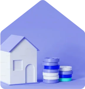 Small white toy house beside stacked coins in purple hues, symbolizing home financing or savings.