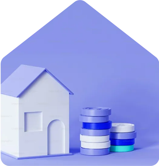 White house model beside stacks of coins on a purple background, illustrating housing savings or mortgage concept.